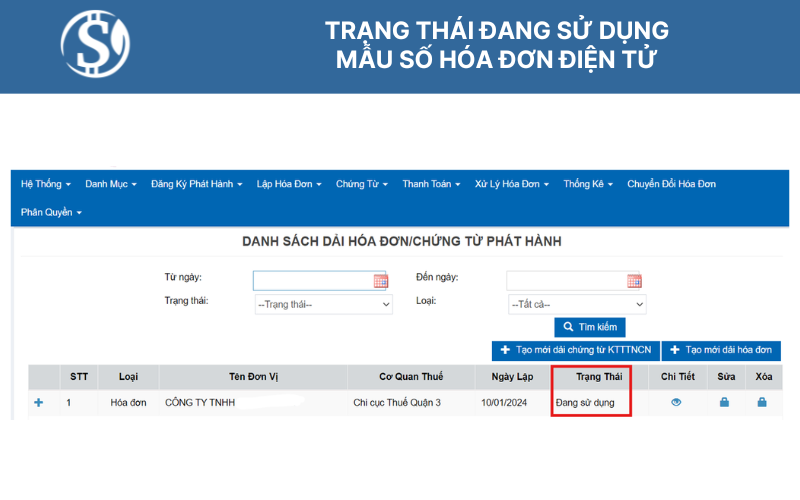 Trạng thái đang sử dụng - mẫu số hóa đơn điện tử