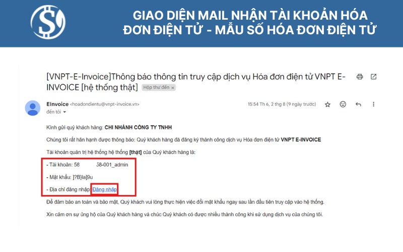 Giao diện mail nhận tài khoản hóa đơn điện tử - mẫu số hóa đơn điện tử