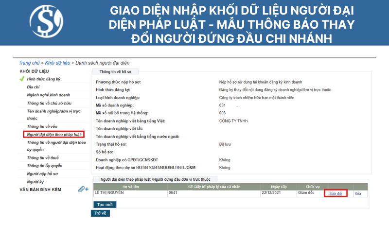 Giao diện nhập khối dữ liệu - Mẫu thông báo thay đổi người đứng đầu chi nhánh