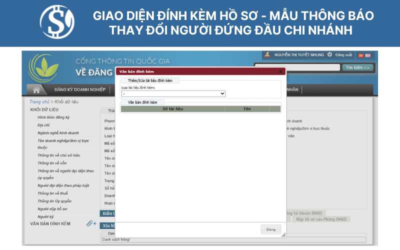 Giao diện nhập khối dữ liệu Người đại diện pháp luật - Mẫu thông báo thay đổi người đứng đầu chi nhánh