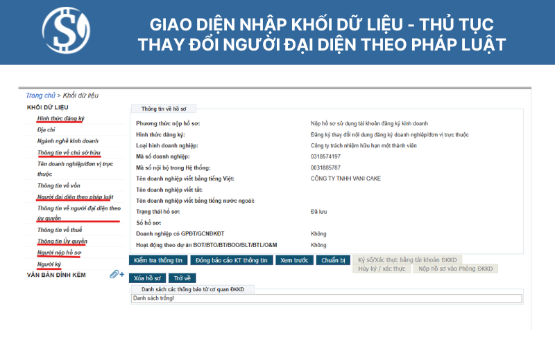 Giao diện nhập khối dữ liệu - Thủ tục thay đổi người đại diện theo pháp luật