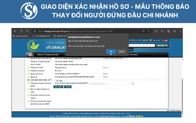 Giao diện xác nhận hồ sơ - Mẫu thông báo thay đổi người đứng đầu chi nhánh