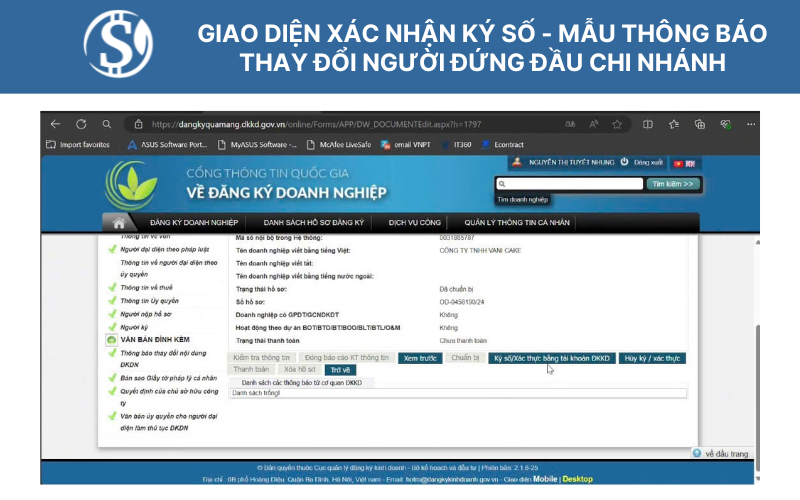 Giao diện xác nhận ký số - Mẫu thông báo thay đổi người đứng đầu chi nhánh