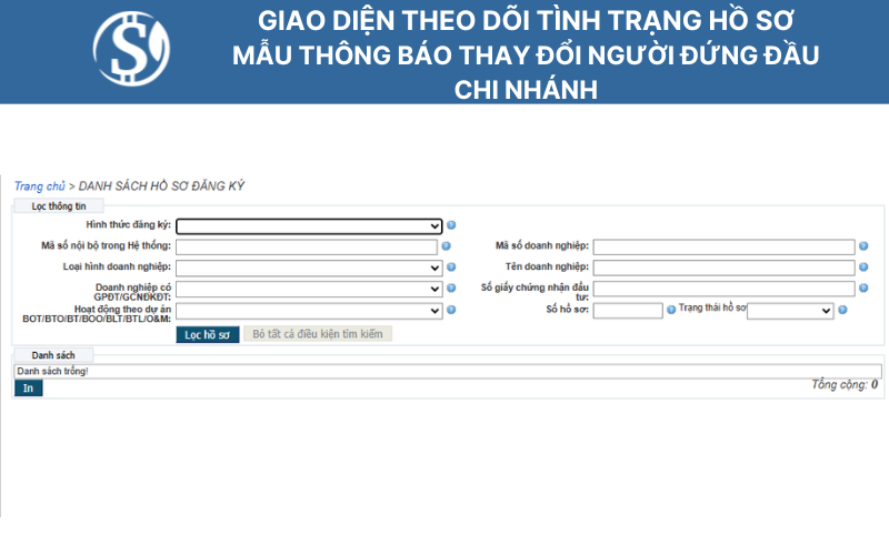 Giao diện theo dõi tình trạng hồ sơ - Mẫu thông báo thay đổi người đứng đầu chi nhánh