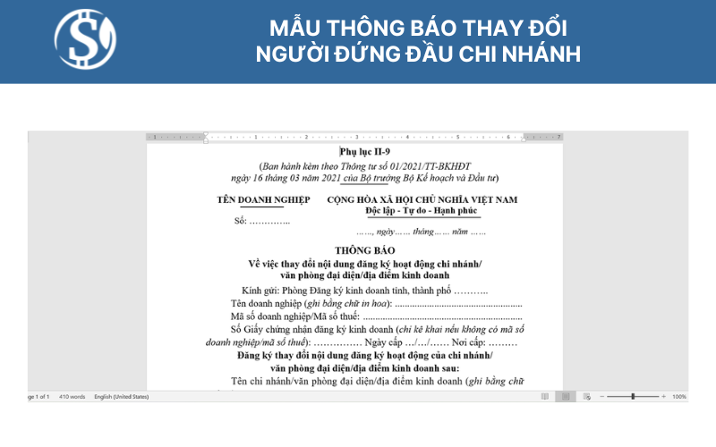 Mẫu thông báo thay đổi người đứng đầu chi nhánh