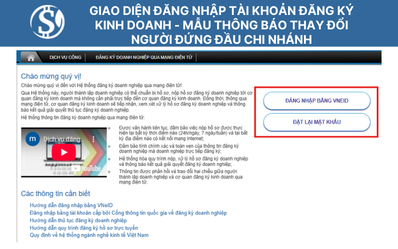 Giao diện đăng nhập tài khoản đăng ký kinh doanh - Mẫu thông báo thay đổi người đứng đầu chi nhánh