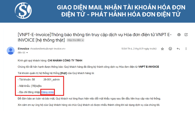 Giao diện mail nhận tài khoản hóa đơn điện tử - phát hành hóa đơn điện tử