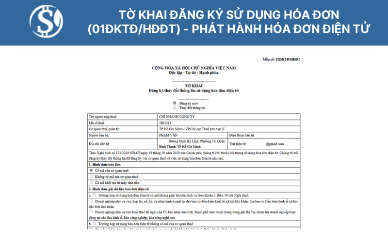 Tờ khai đăng ký sử dụng hóa đơn (01ĐKTĐ/HĐĐT) - phát hành hóa đơn điện tử