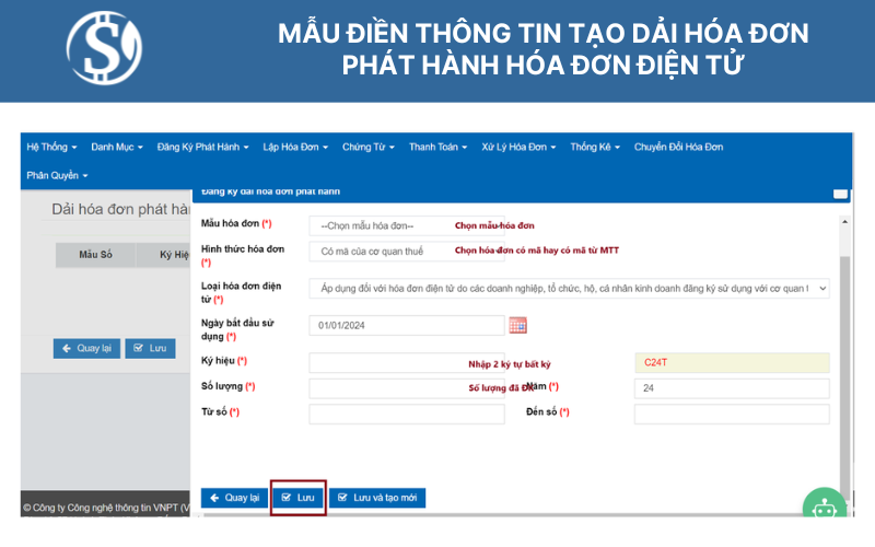 Mẫu điền thông tin tạo dải hóa đơn - phát hành hóa đơn điện tử