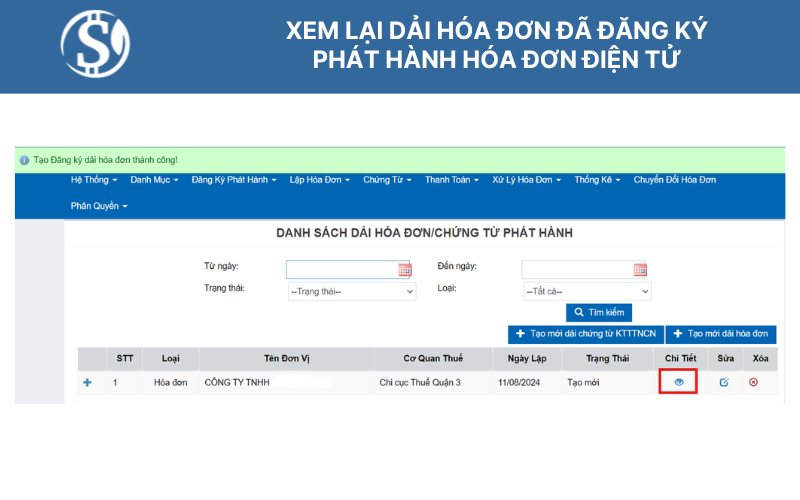 Xem lại dải hóa đơn đã đăng ký - phát hành hóa đơn điện tử