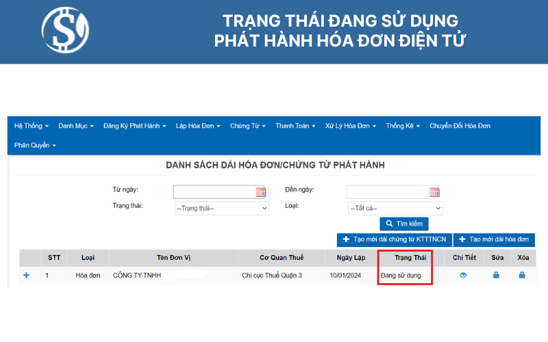 Trạng thái đang sử dụng - phát hành hóa đơn điện tử