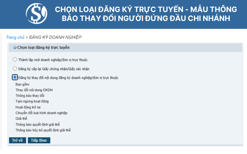 Chọn loại đăng ký trực tuyến - Mẫu thông báo thay đổi người đứng đầu chi nhánh