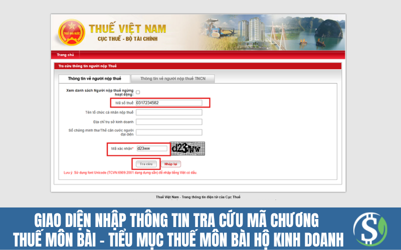 Giao diện nhập thông tin tra cứu mã chương thuế môn bài - tiểu mục thuế môn bài hộ kinh doanh