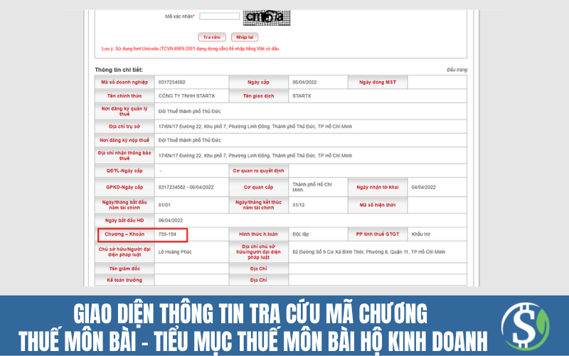 Giao diện thông tin tra cứu mã chương thuế môn bài - tiểu mục thuế môn bài hộ kinh doanh