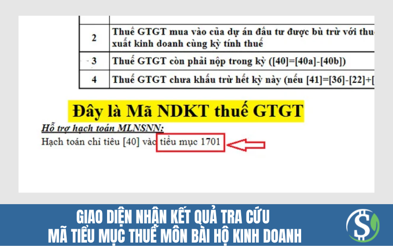 Giao diện nhận kết quả tra cứu mã tiểu mục thuế môn bài hộ kinh doanh  - tiểu mục thuế môn bài hộ kinh doanh