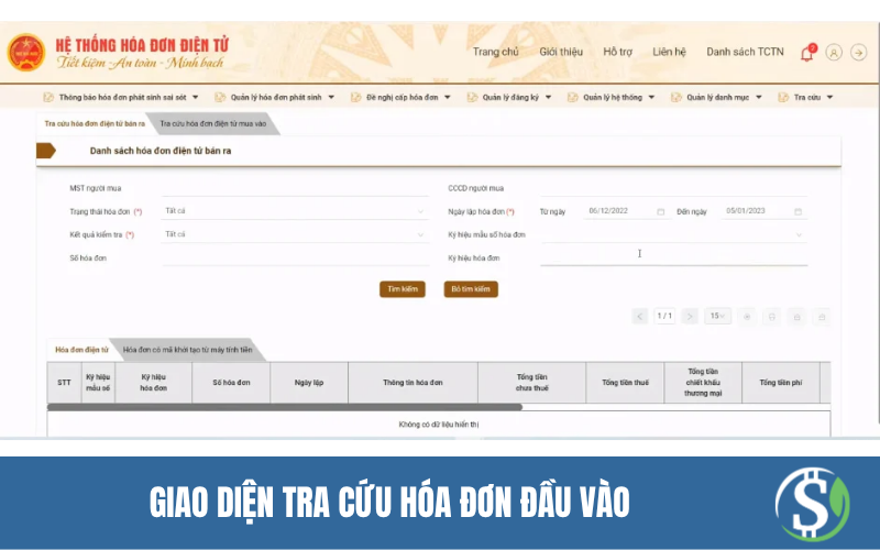 Giao diện tra cứu hóa đơn đầu vào