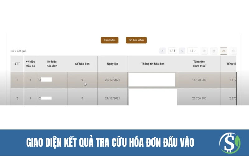 Giao diện kết quả tra cứu hóa đơn đầu vào