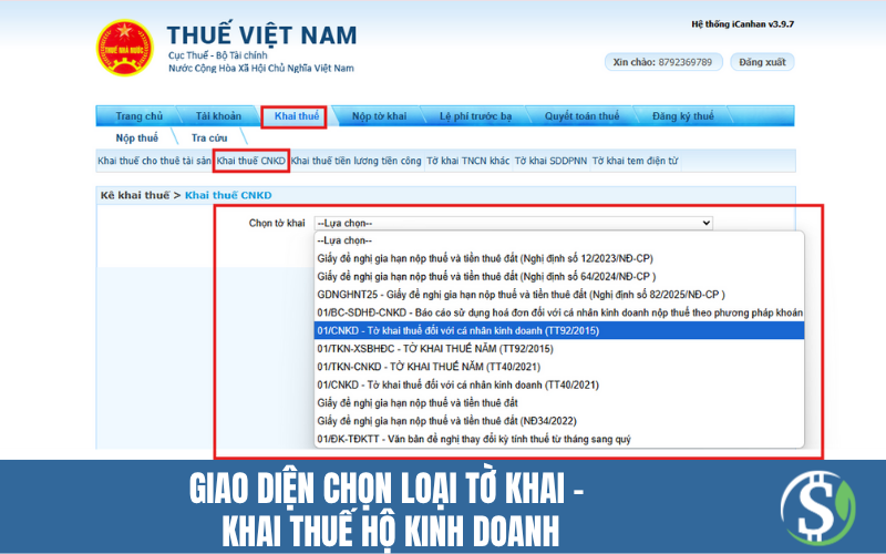 Giao diện chọn loại tờ khai - Khai thuế hộ kinh doanh, cá nhân kinh doanh Giao diện chọn loại tờ khai - Khai thuế hộ kinh doanh, cá nhân kinh doanh