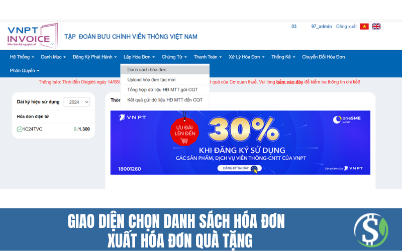 Giao diện chọn danh sách hóa đơn - xuất hóa đơn quà tặng