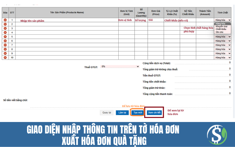 Giao diện nhập thông tin trên tờ hóa đơn -xuất hóa đơn quà tặng