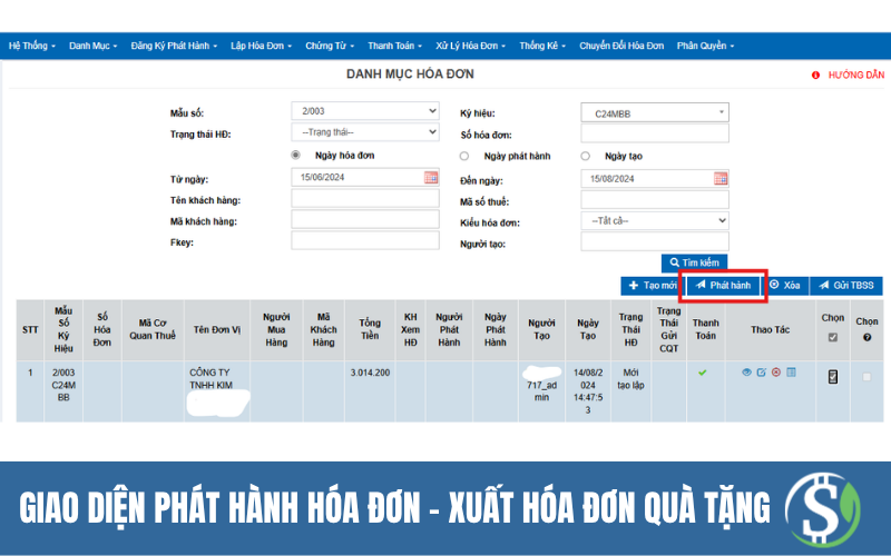 Giao diện phát hành hóa đơn - xuất hóa đơn quà tặng