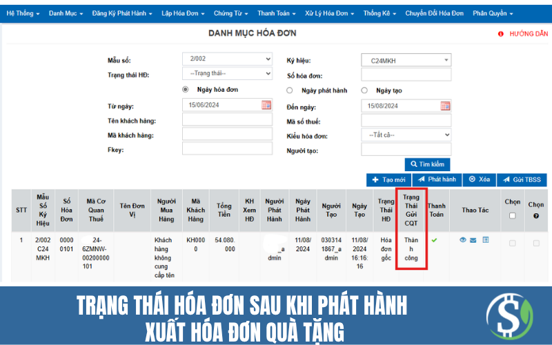 Trạng thái hóa đơn sau khi phát hành - xuất hóa đơn quà tặng