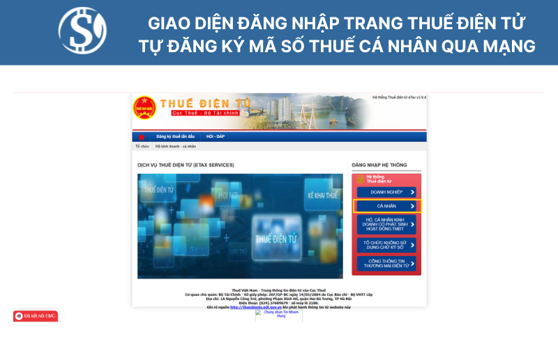 Giao diện đăng nhập trang thuế điện tử - Tự đăng ký mã số thuế cá nhân qua mạng