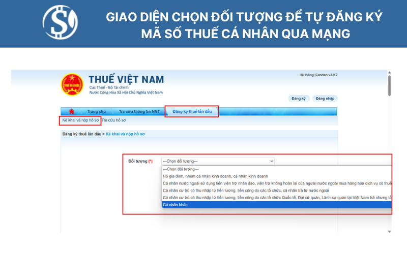 Giao diện chọn đối tượng để tự đăng ký mã số thuế cá nhân qua mạng