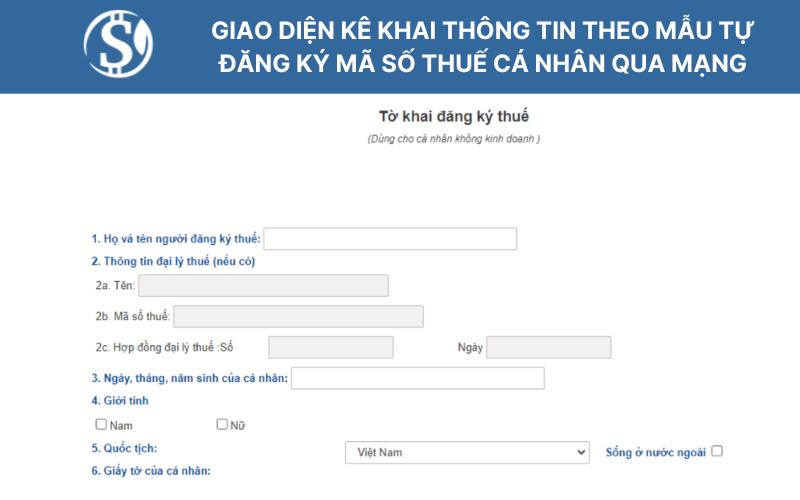 Giao diện kê khai thông tin tự đăng ký mã số thuế cá nhân qua mạng