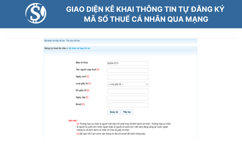 Giao diện kê khai thông tin theo mẫu tự đăng ký mã số thuế cá nhân qua mạng