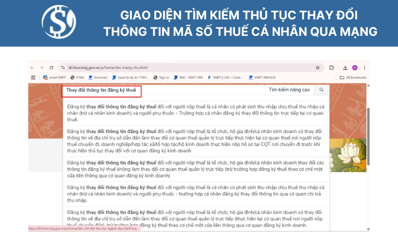 Giao diện tìm kiếm thủ tục thay đổi thông tin mã số thuế cá nhân qua mạng
