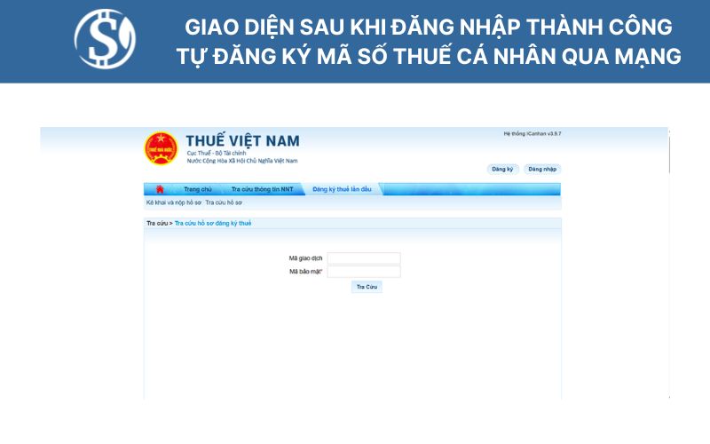 Giao diện sau khi đăng nhập thành công - tự đăng ký mã số thuế cá nhân qua mạng