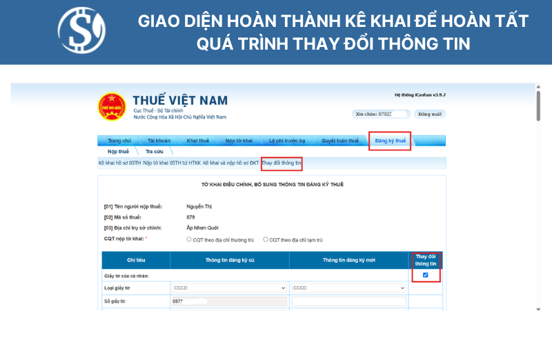 Giao diện hoàn thành kê khai để hoàn tất quá trình thay đổi thông tin