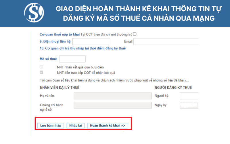 Giao diện Hoàn thành kê khai thông tin tự đăng ký mã số thuế cá nhân qua mạng